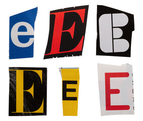 Ransom letter font E from printout magazine cutout, collage element for graphic design, png isolated on transparent background