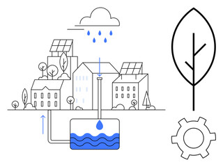 Urban buildings with solar panels, water harvesting system, gear, leaf, and raindrops. Ideal for sustainability, innovation, eco-friendly technology, clean energy urban planning resource