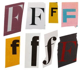Ransom letter font F from printout magazine cutout, collage element for graphic design, png isolated on transparent background