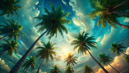 Tropical Paradise View with Palm Trees Against Bright Blue Sky and Sunlight