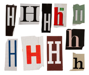 Ransom letter font H from printout magazine cutout, collage element for graphic design, png isolated on transparent background