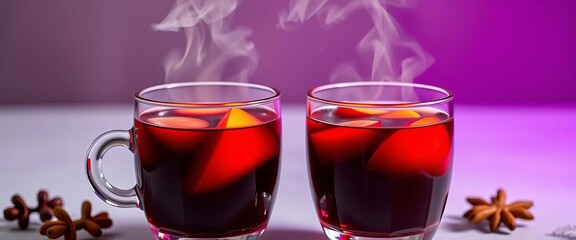 Two identical glasses of steaming mulled wine, set against a minimalist background, visual, restaurant