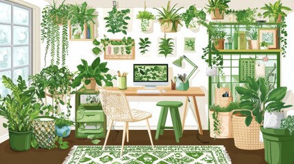 Fototapeta premium Verdant home office filled with lush greenery and decorative accents.