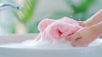 Fototapeta premium Hands Washing a Pink Towel in Soapy Water Surrounded by Greenery Creating a Fresh and Serene Atmosphere