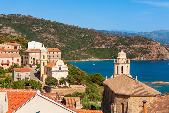 Greek church Saint-Spyrido, Carg&egrave;se, Corsica, France. Typical and picturesque hillside village. Hilltop town nestled on the coast above the Mediterranean sea.