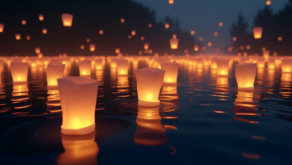 Floating Lanterns: A Serene Display of Wishes and Spiritual Renewal Over Tranquil Waters - Enchanting Photo Stock Concept with Empty Space for Text