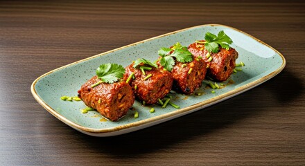 Fototapeta premium Elegantly plated Bihari Boti kebab on a ceramic dish, enhanced with a delicate herb garnish. Offers an elevated take on classic Desi cuisine for a fine BBQ feel.
