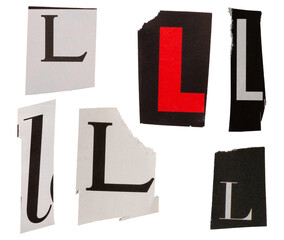 Ransom letter font L from printout magazine cutout, collage element for graphic design, png isolated on transparent background