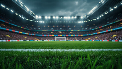 Soccer field inside stadium with crowds cheering during nighttime match