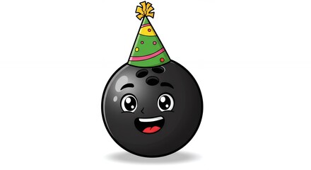 Cute bowling ball cartoon character with party hat