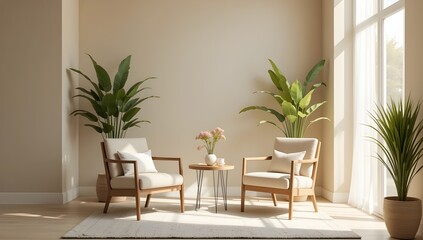 Fototapeta premium Two chairs and a table surrounded by indoor plants in a modern, minimalistic interior. Soft beige walls and natural sunlight enhance the cozy, calming atmosphere ideal for therapy.
