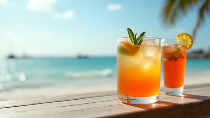 Elegant Beach Drinks Presentation: Meticulously Crafted Cocktails with Vibrant Flavors & Contemporary Mixology in a Sophisticated Seaside Setting