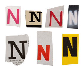 Ransom letter font N from printout magazine cutout, collage element for graphic design, png isolated on transparent background