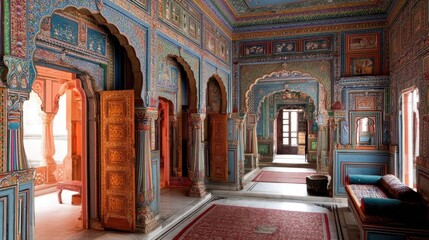 Vibrant, intricately decorated interior of a traditional Indian palace.