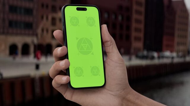 GREEN SCREEN CHROMA KEY Hand holds smartphone by the riverside with historic buildings in the background on an overcast day, ideal for customizable app or branding content