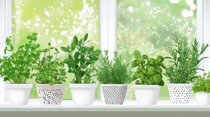 Fresh herbs in white pots on a windowsill.
