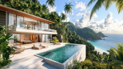 Fototapeta premium Coastal villa with pool overlooking beach, lush greenery and blue sky