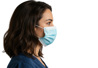 Isolated Brunette Woman in Blue Scrub Suit Wearing a Surgical Mask