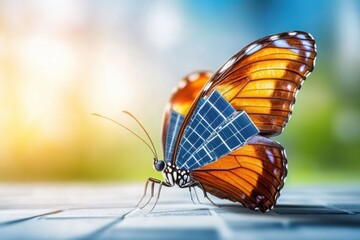 Obraz premium Colorful butterfly with solar panels on wings symbolizing renewable energy, nature technology fusion and sustainable innovation. Copy space