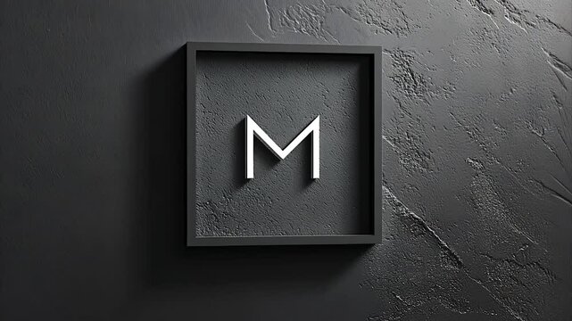 Minimalist black square frame with white 'M' on dark textured background