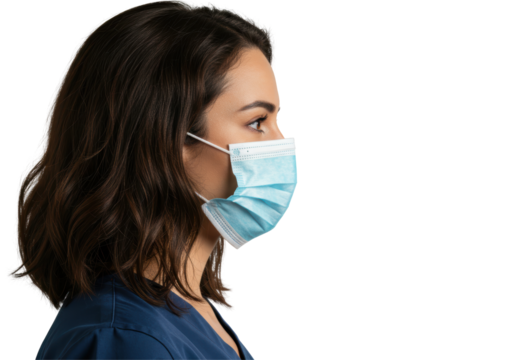 Isolated Brunette Woman in Blue Scrub Suit Wearing a Surgical Mask