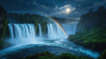 Fototapeta premium Waterfall rainbow river moon scenic landscape