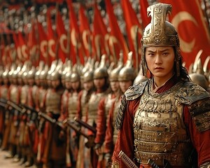 A formidable army of Chinese warriors in historical battle attire.