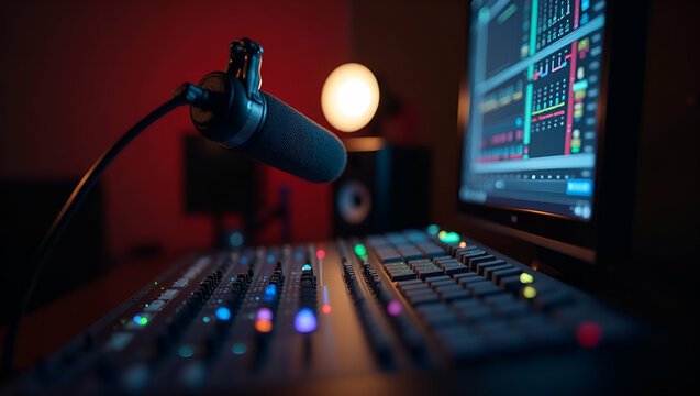 Showcasing impeccable podcast sound quality through advanced audio engineering high fidelity recording equipment and optimized acoustics for pristine broadcast excellence. in  Photo Stock  Concept  an