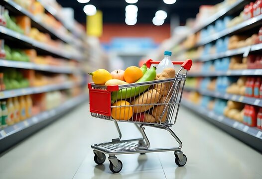 Generative AI image of a grocery shopping cart overflowing with fresh produce