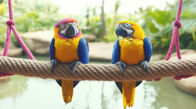 Enchanting duo of vibrant macaws perched on a natural fiber swing amid a lush tropical haven ideal for educational wildlife content and conservation awareness