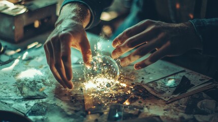 Hands creating magical globe in fantasy themed lighting