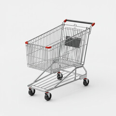 A gleaming metal shopping cart, ready for a grocery adventure, showcasing its sturdy build and smooth wheels against a bright backdrop.