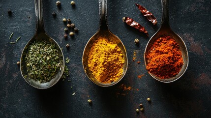 Three spoons with green, yellow, and red spices on dark background