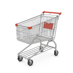 An empty shopping cart, ready for a grocery adventure, gleaming under studio lighting with a clean, white background.