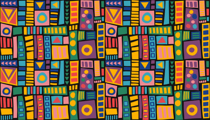 Abstract hand drawn seamless background. African ethnic bright pattern. Vector geometric banner. 