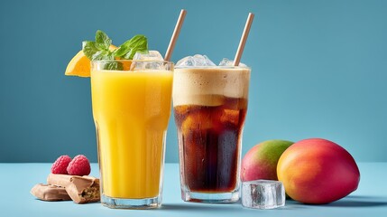Fototapeta premium Two drinks, one orange and one dark, sit on a table with a plate of fruit. The drinks are served in tall glasses with straws