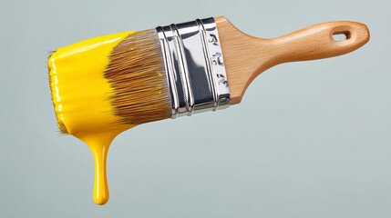 Paintbrush with yellow paint dripping from it. The brush is suspended in the air, giving the impression of a painting in progress
