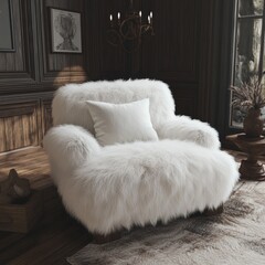 create a room with white teddyfur furniture and dark wood furniture and a white teddyfur pillow photorealistic