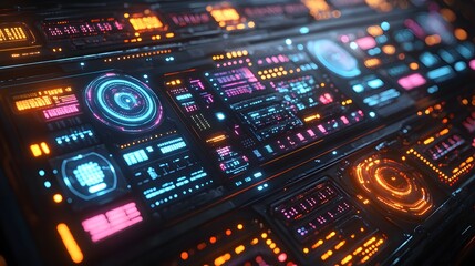Fototapeta premium Futuristic control panel with glowing displays.