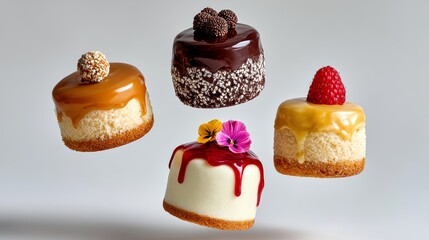 Four different types of cakes with different toppings and decorations. The cakes are flying in the air, giving the impression of a light and airy dessert