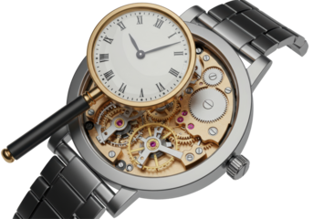 Isolated Close-up of a Mechanical Watch with Silver Bands and Magnifying Glass