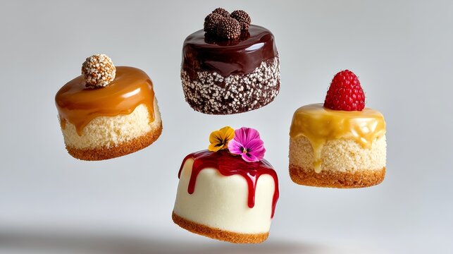 Four different types of cakes with different toppings and decorations. The cakes are flying in the air, giving the impression of a light and airy dessert