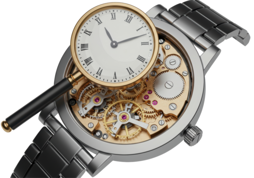 Isolated Close-up of a Mechanical Watch with Silver Bands and Magnifying Glass