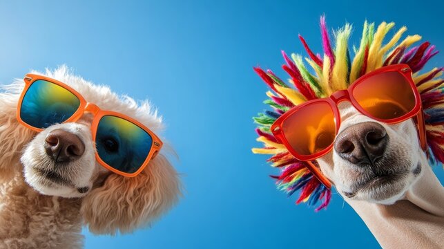 Two dogs wearing sunglasses and colorful hair. Scene is fun and playful. The dogs are posing for a photo, and their colorful accessories make them look like they are attending a party or a beach