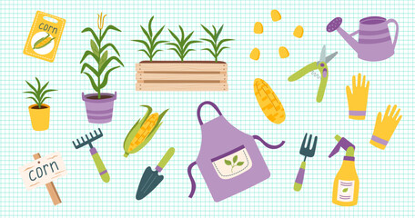 Corn cliparts isolated on checkered background. Gardening concept. Corn and equipment for planting vegetables. Vector hand drawn illustration.	