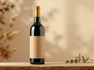 Fototapeta premium Wine bottle mockup featuring a kraft paper label. Ideal for natural product branding, organic packaging design, or rustic promotional visuals