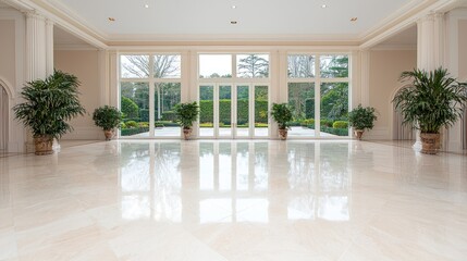 Fototapeta premium Bright minimalist interior design spacious hallway with marble floor and glass doors