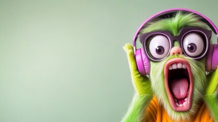 Obraz premium Cartoonish green monster with a mouth wide open and a pair of pink headphones on his head