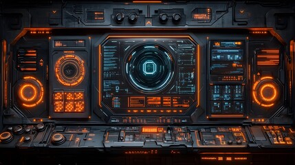 Fototapeta premium Futuristic cockpit control panel with glowing orange accents.