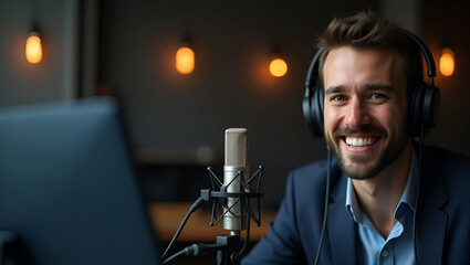 Skilled Podcast Host Engaging in Insightful Interviews: Digital Platforms for Media Engagements & Live Broadcasting - Conceptual Photo Stock with Left Space